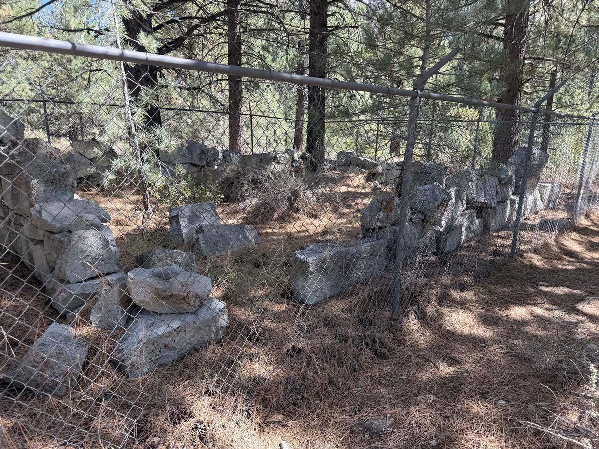 Inside a chain-link fence in a pine wood: rough granite blocks and slabs lying and leaning on bare ground under pine needles.