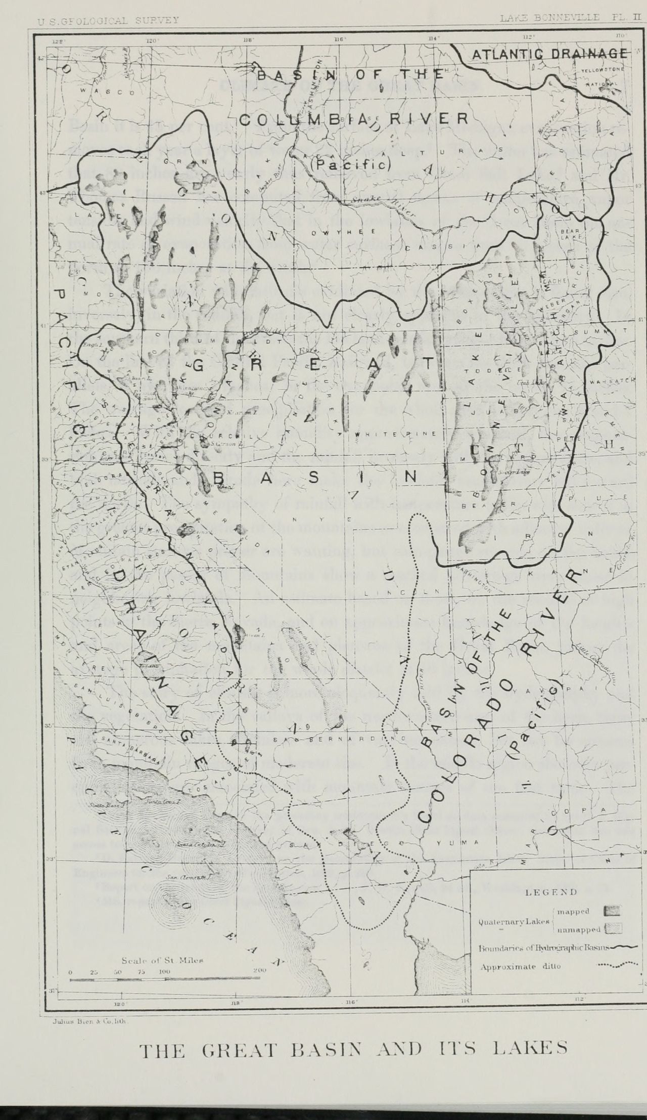 A map with a single bold line drawn in a closed loop around the interior West, the words GREAT BASIN lettered large inside it. Everything outside the loop is labeled by where its water goes: the Basin of the Columbia River and Pacific drainage to the north and west, Atlantic drainage to the northeast, the Basin of the Colorado River to the southeast. The Great Basin drains to none of them.