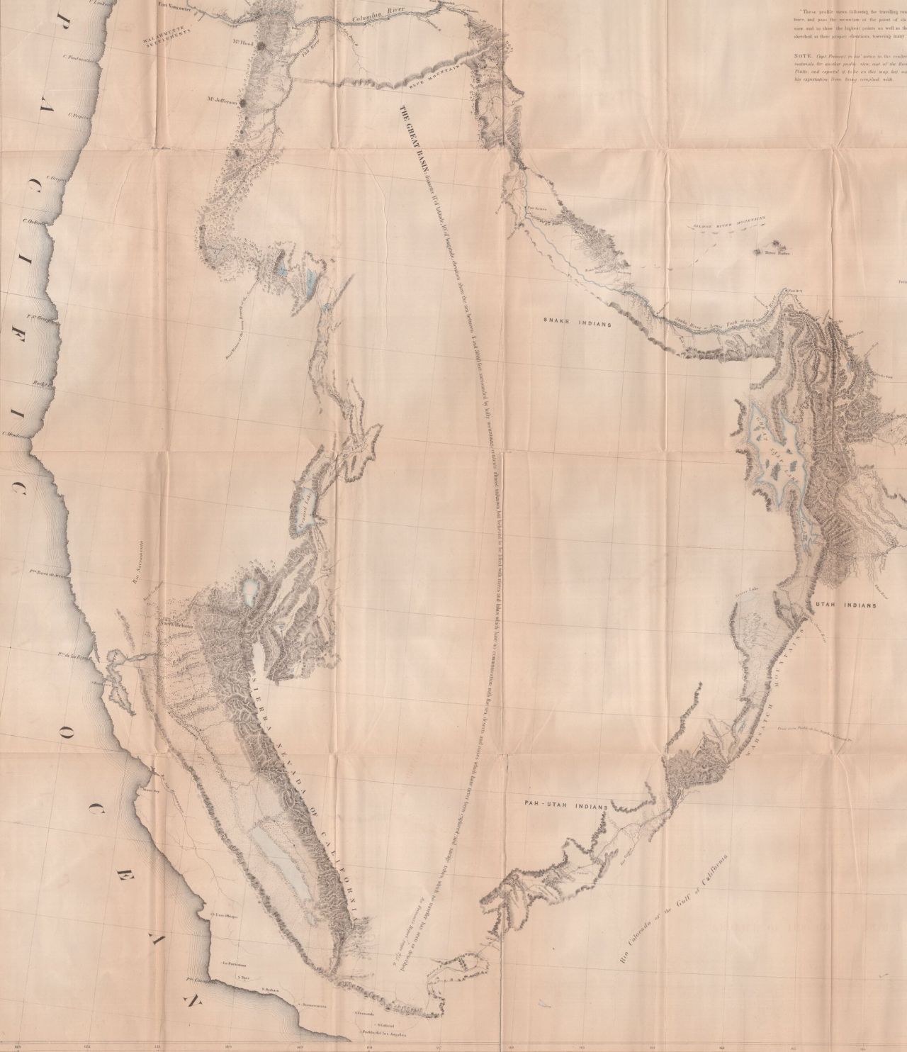 An engraved map from 1845, the interior left blank, a single line of lettering set diagonally across the emptiness, with PAH-UTAH INDIANS and SNAKE INDIANS the only names written across the void.