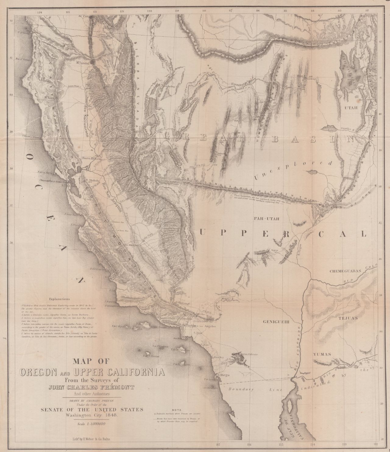 An engraved map of the same western country three years later, with mountain ranges, rivers and lakes drawn across the region that had been left blank, and the words GREAT BASIN lettered across it.