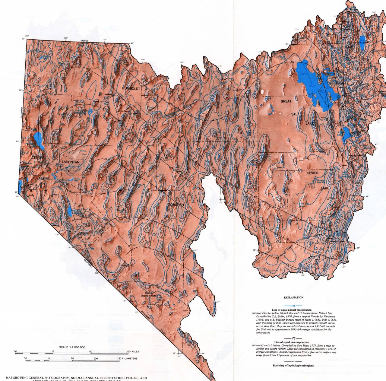 A shaded-relief map of Nevada, Utah and their borders, with a heavy boundary line enclosing the region whose rivers do not reach the sea, and the names of hydrologic subregions lettered inside it.