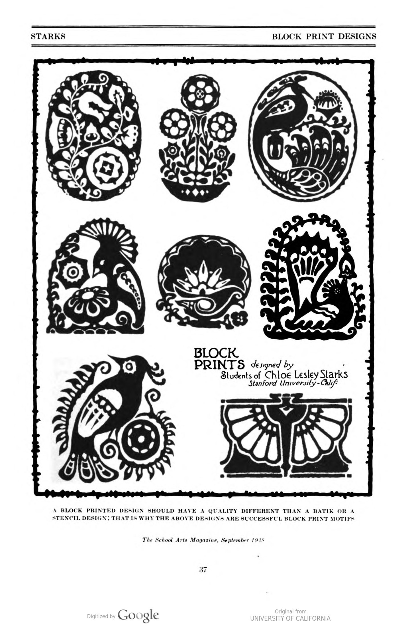 A magazine page of eight block prints, captioned as designed by students of Chloe Lesley Starks, Stanford University.