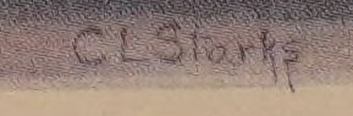 The signature, enlarged: C L Starks, brushed into the wash and broken into halftone dots.